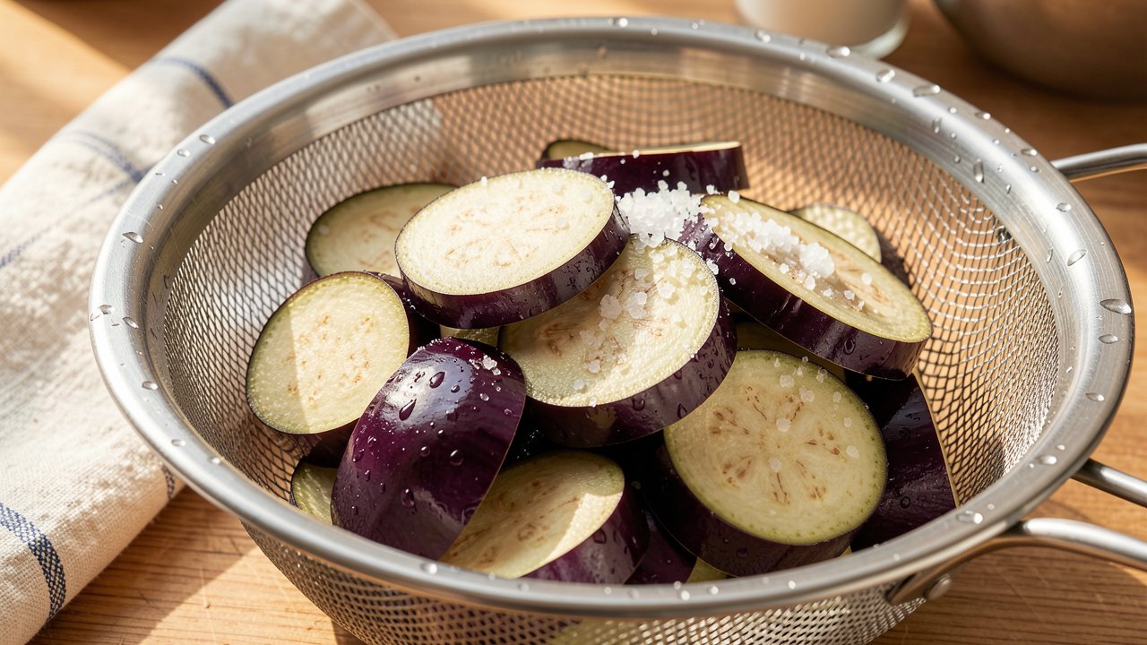 Salted eggplant slices draining in a colander before roasting