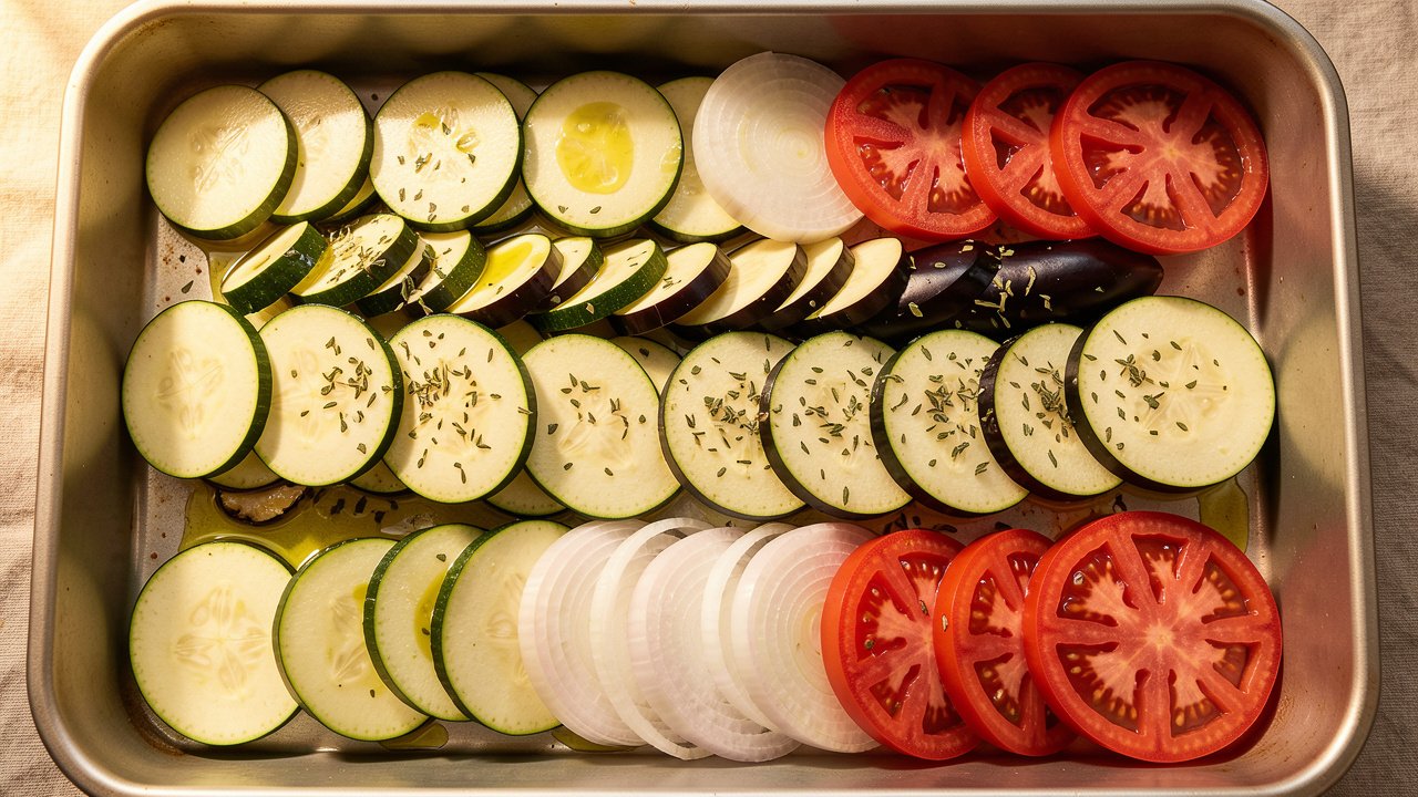 Sliced vegetables arranged in overlapping rows in a roasting pan before baking