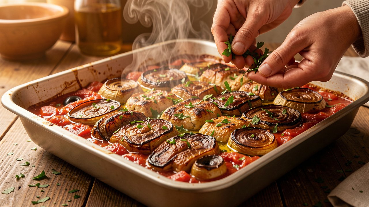 Finished Briam with caramelized vegetables being garnished with fresh parsley