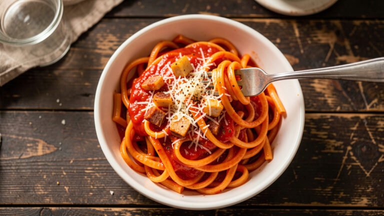 A bowl of bucatini all'Amatriciana with glossy tomato sauce, crisp guanciale, and grated Pecorino Romano