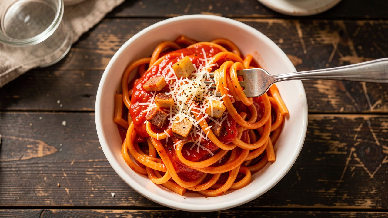 A bowl of bucatini all'Amatriciana with glossy tomato sauce, crisp guanciale, and grated Pecorino Romano
