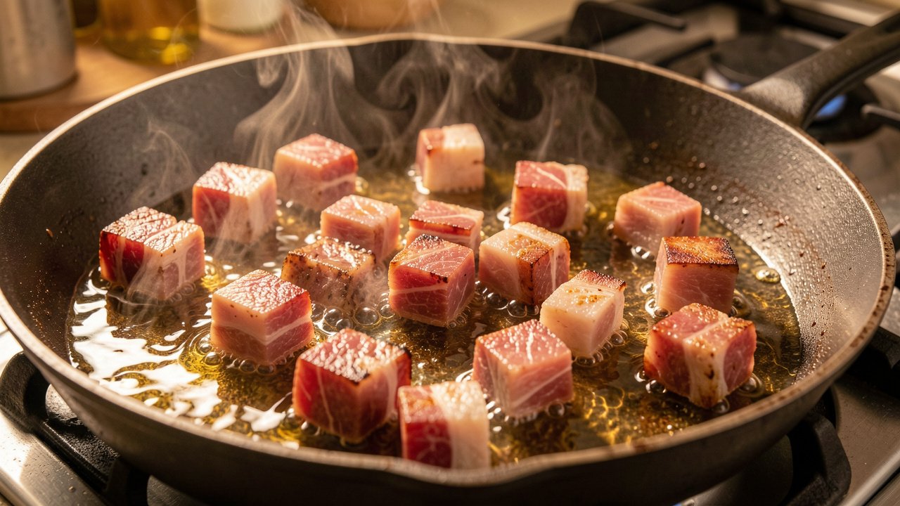 Guanciale rendering slowly in a skillet until golden and crisp