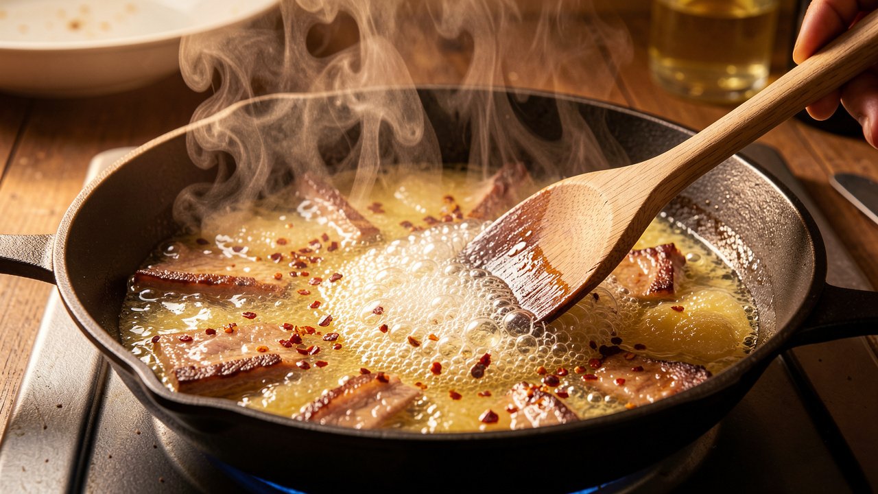 White wine deglazing a skillet of guanciale fat and red pepper flakes