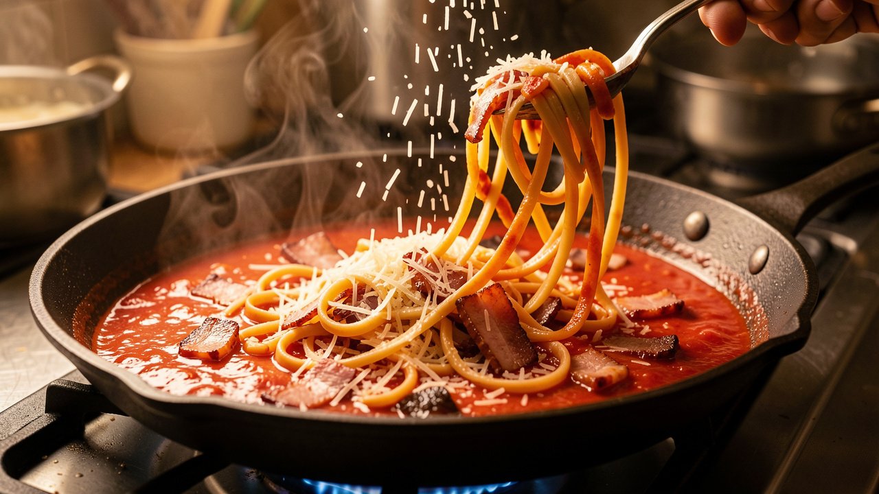Bucatini tossed with tomato sauce and Pecorino Romano off the heat, topped with crisp guanciale