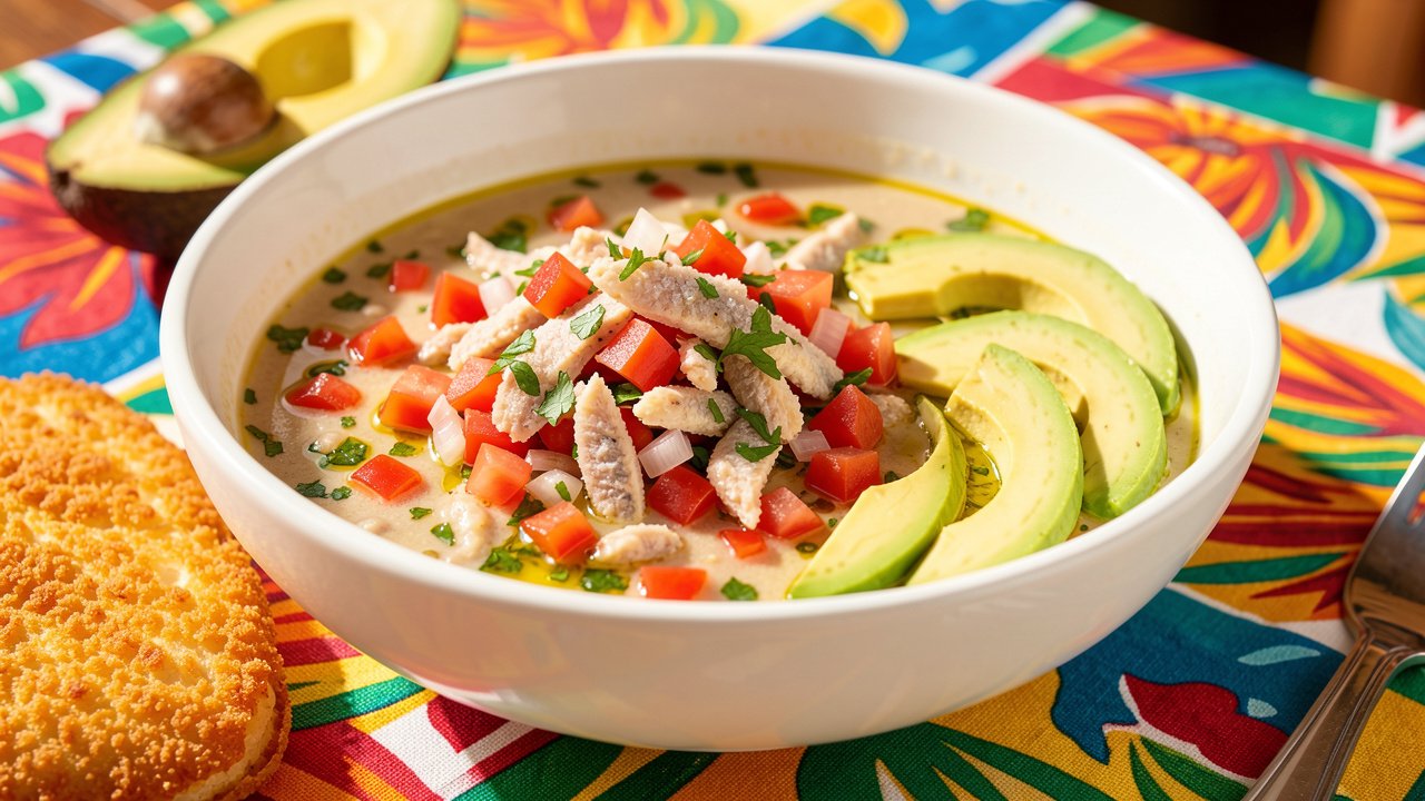 A bowl of Trinidadian buljol with flaked saltfish, tomato and onion, served with avocado and fried bake