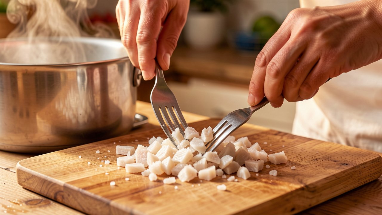 Boiled salted cod being flaked into small pieces with two forks on a wooden board