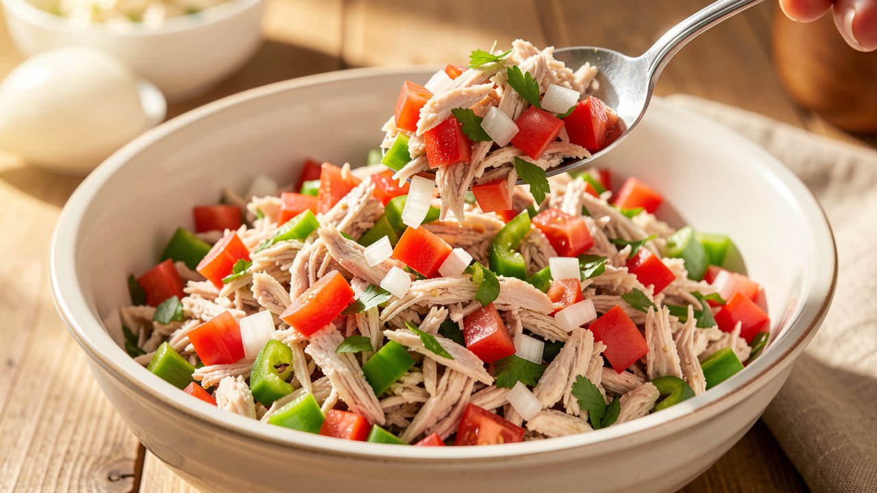 Flaked saltfish tossed with chopped tomato, onion, pepper, and herbs in a large bowl