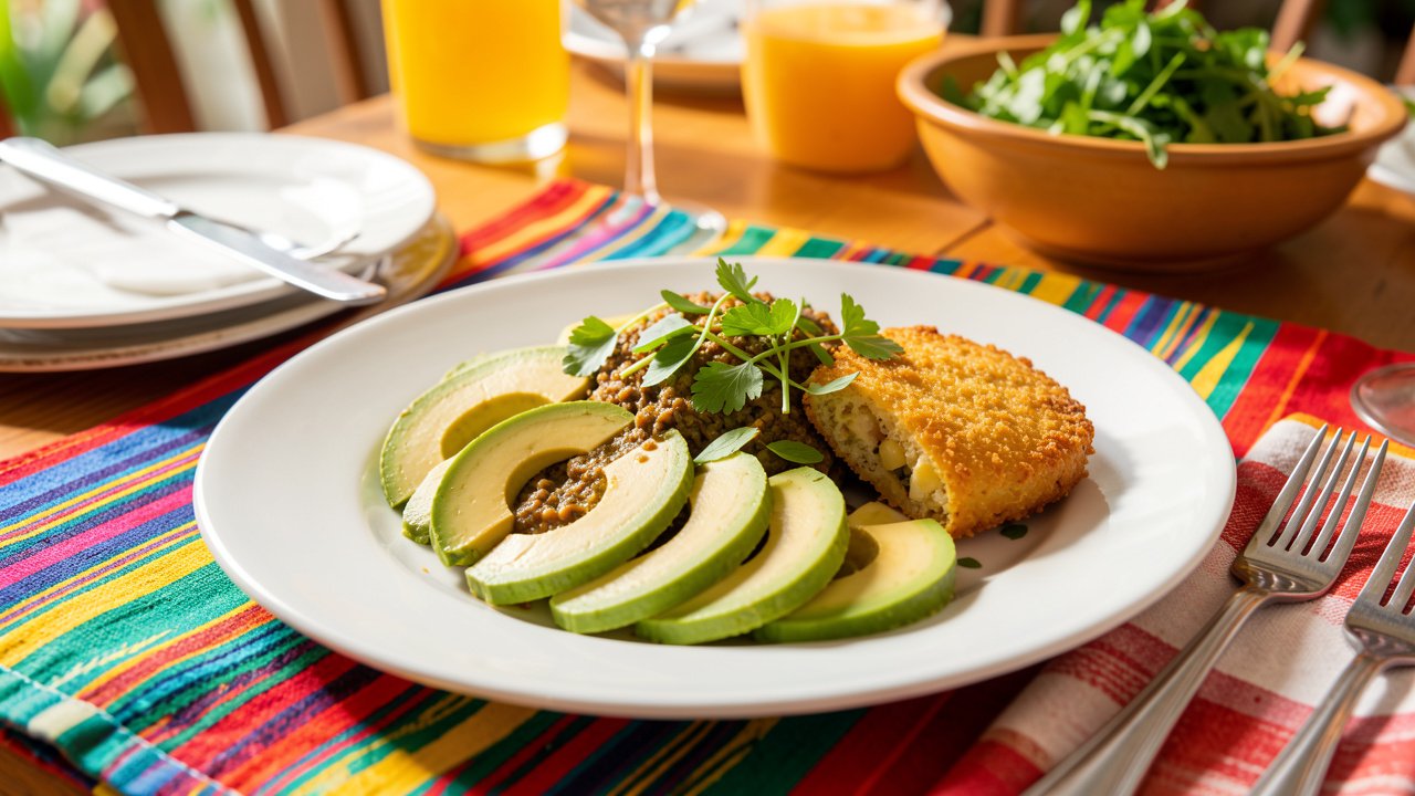 Finished buljol served with avocado slices and a golden fried bake, garnished with herbs