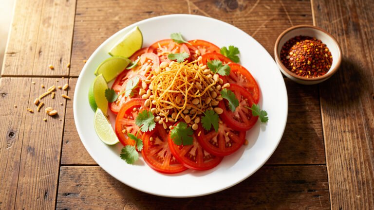 A plate of Burmese tomato salad topped with crispy fried shallots, crushed peanuts, and cilantro