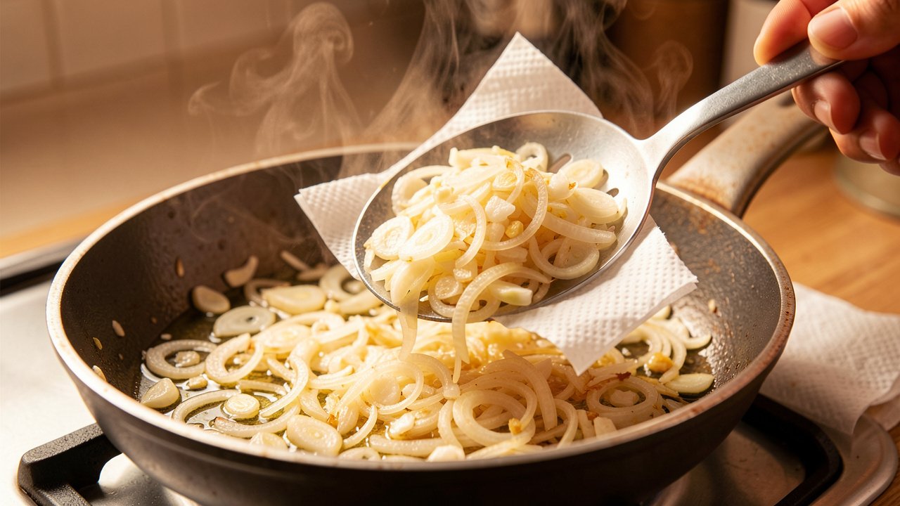 Sliced shallots and garlic frying to golden crisp and being lifted out with a slotted spoon