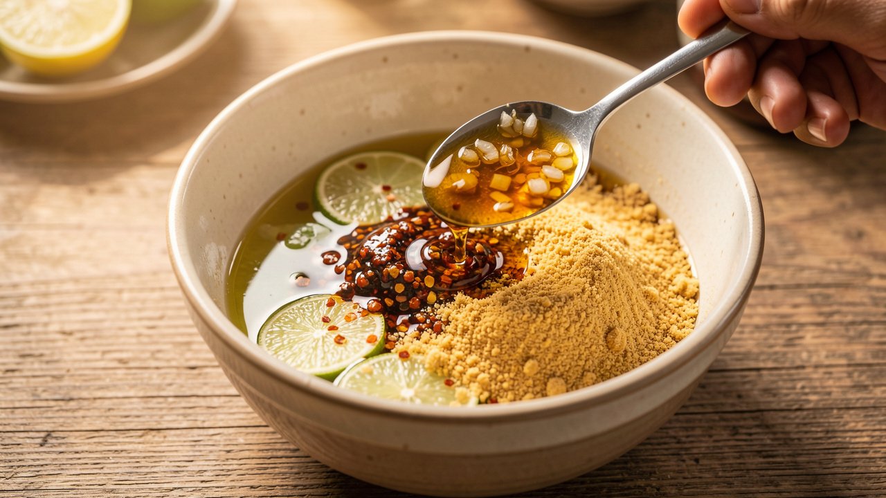 Lime, fish sauce, chili and toasted gram flour whisked into a glossy Burmese dressing