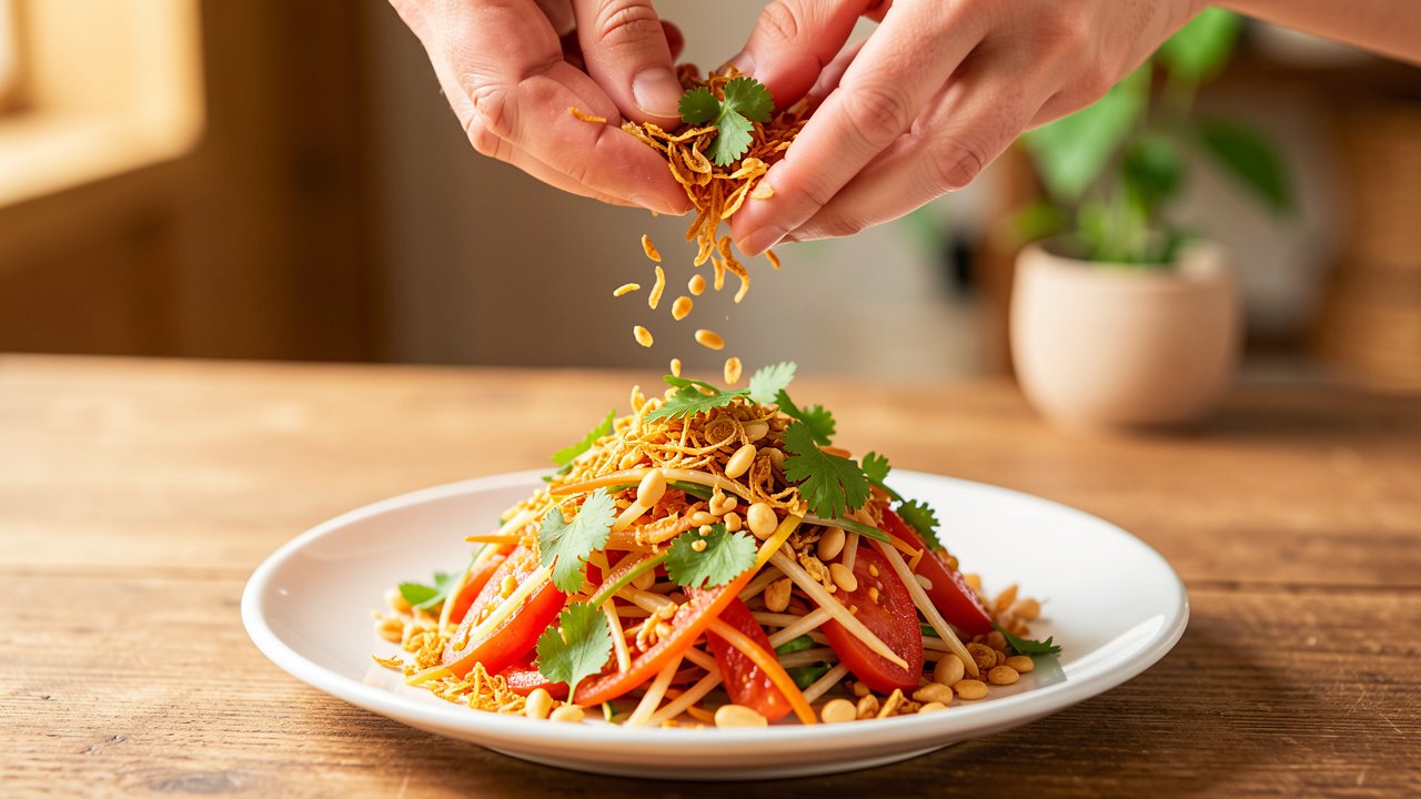 Finished Burmese tomato salad being topped with crispy shallots, peanuts, and cilantro