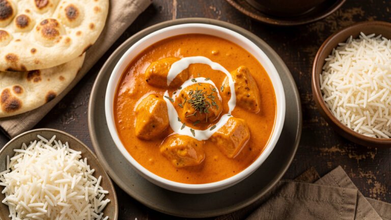 A bowl of creamy butter chicken murgh makhani topped with cream, served with naan and rice