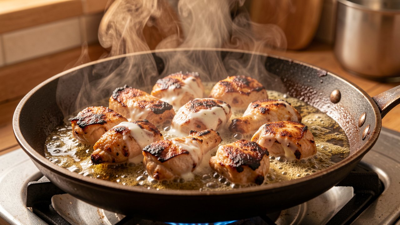 Yogurt-marinated chicken chunks searing with browned edges in a skillet