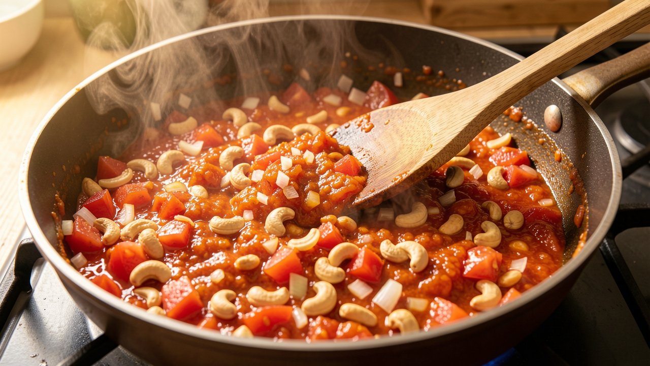Tomatoes, onions, and cashews cooking into a thick jammy spiced base in a pan