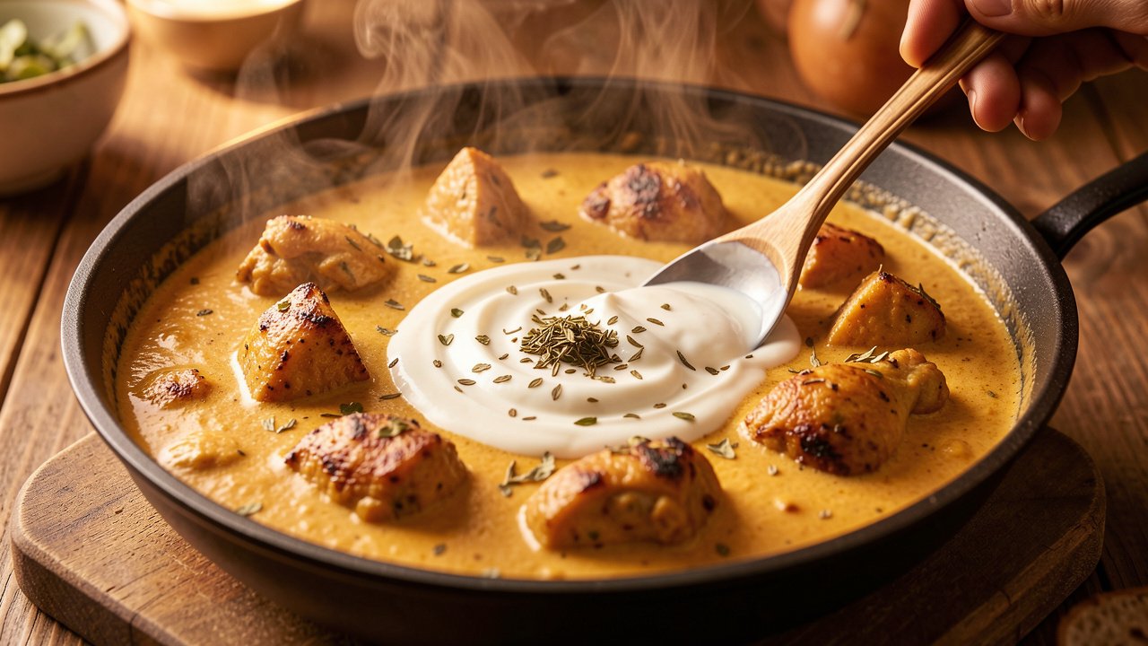 Finished butter chicken with cream being stirred into the gravy and a pinch of fenugreek on top