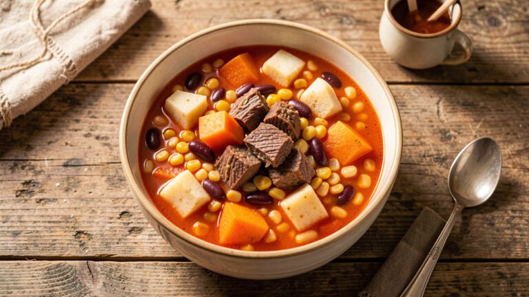 A hearty bowl of Cape Verdean cachupa with hominy corn, beans, vegetables, and halal beef in a rich tomato broth