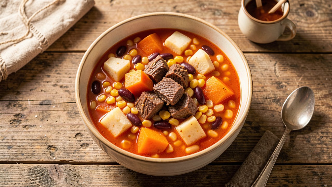 A hearty bowl of Cape Verdean cachupa with hominy corn, beans, vegetables, and halal beef in a rich tomato broth