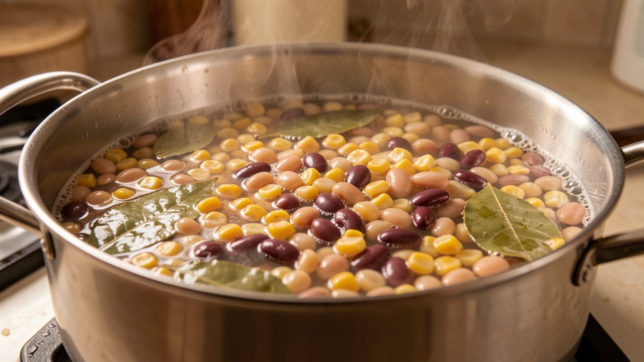 Hominy corn and beans simmering with bay leaves in a large pot