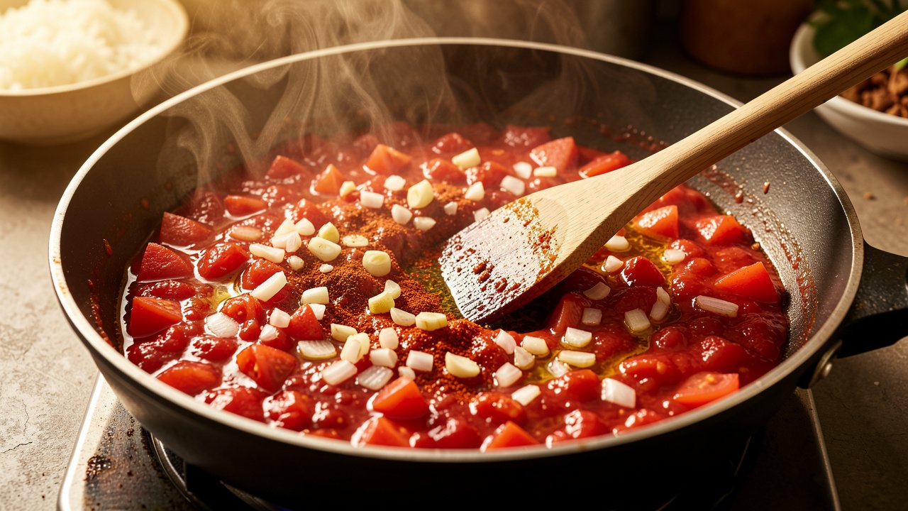 Tomatoes, onion, and paprika cooking into a thick red base in a pan