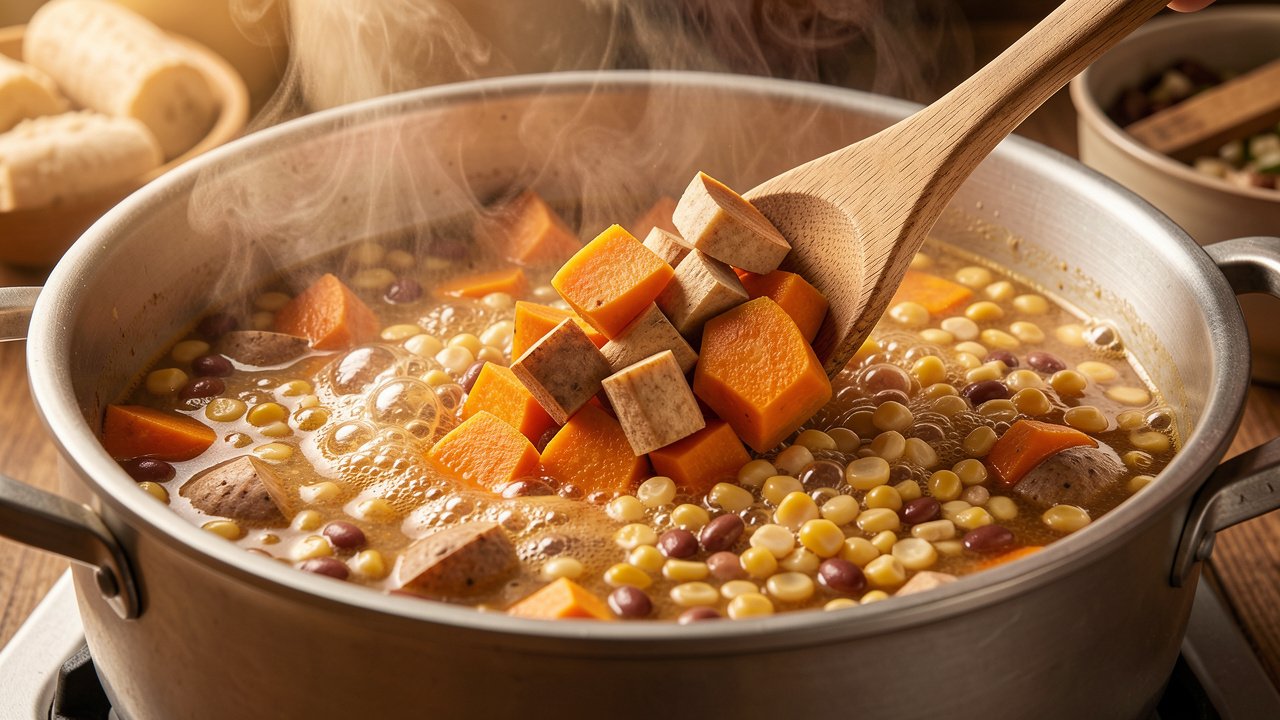 Sweet potato, cassava, and squash being added to a pot of cachupa
