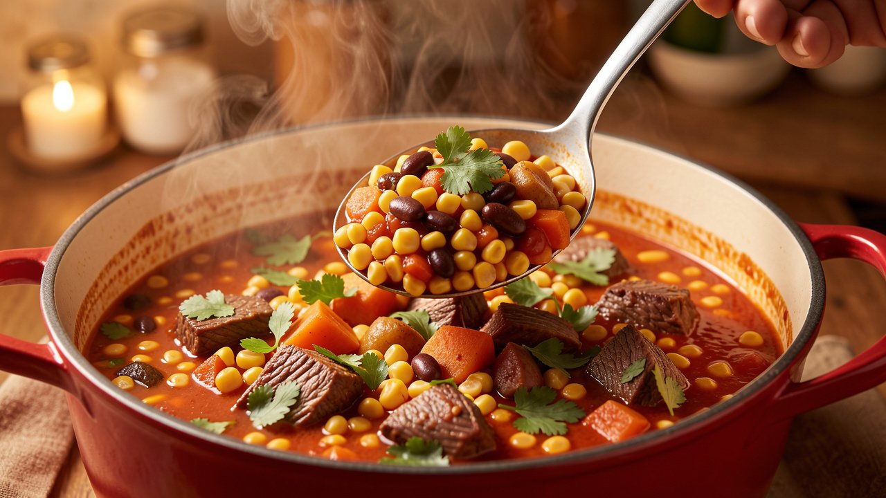 A ladle lifting finished cachupa with corn, beans, vegetables, and halal beef