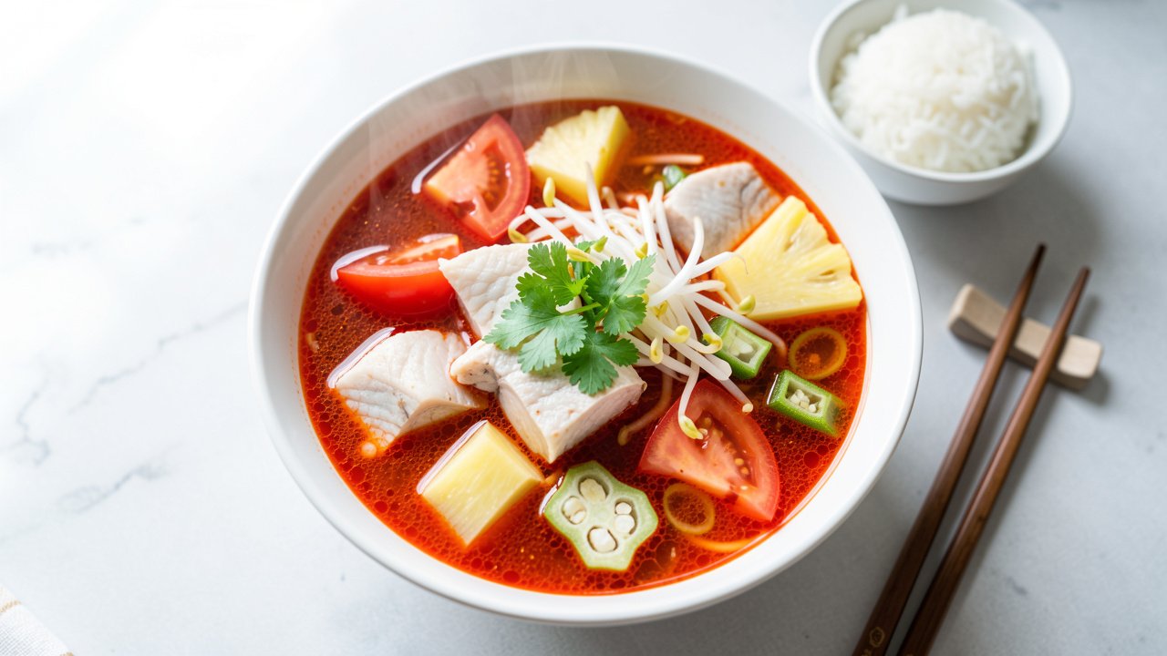 A steaming bowl of Vietnamese canh chua sour soup with fish, tomato, pineapple, okra, and herbs, served with rice