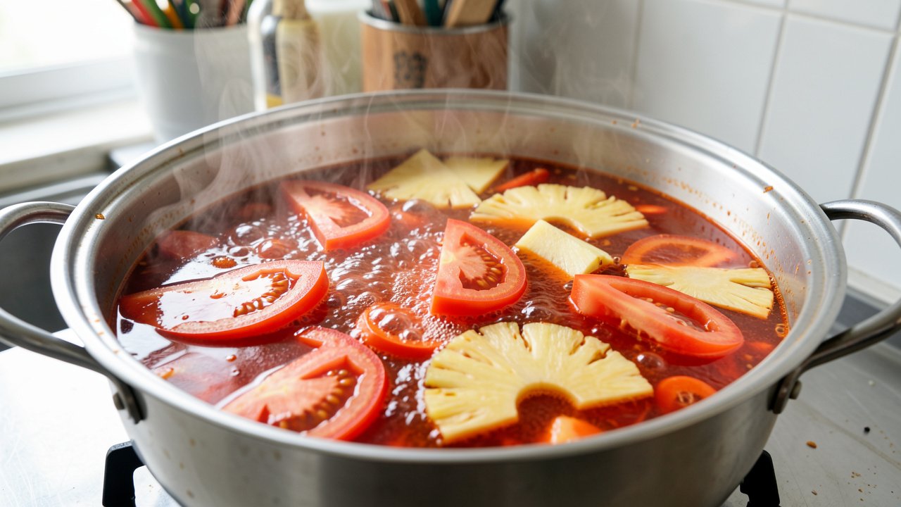 A pot of simmering tamarind and tomato sour broth for canh chua