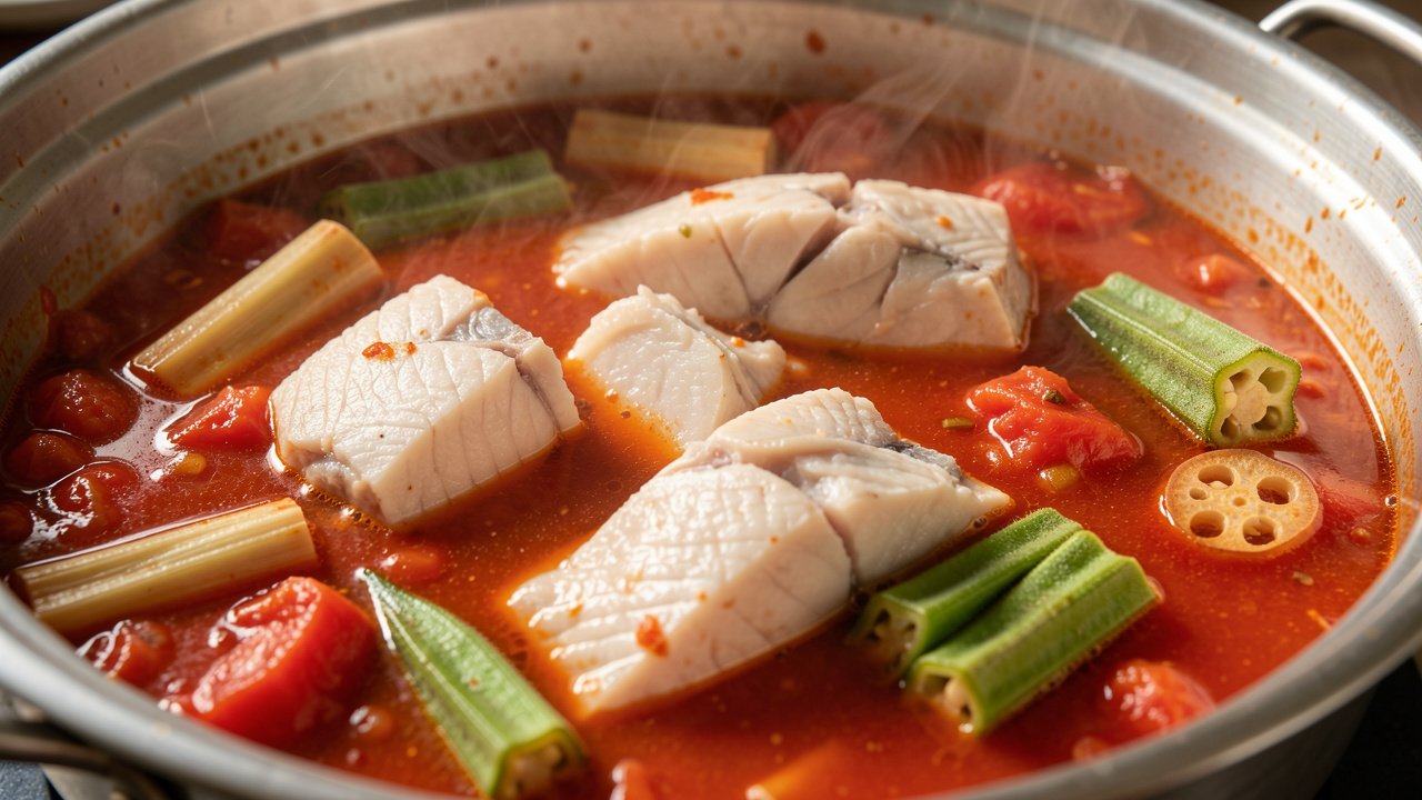Chunks of white fish poaching in canh chua sour broth with vegetables