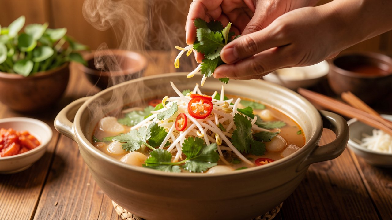 Canh chua finished with bean sprouts, herbs, and sliced chili off the heat