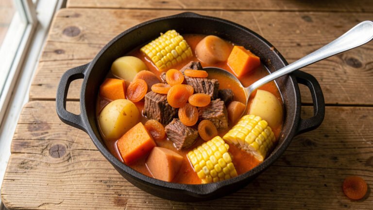 A rustic pot of Argentine carbonada with beef, squash, corn and potato in tomato broth