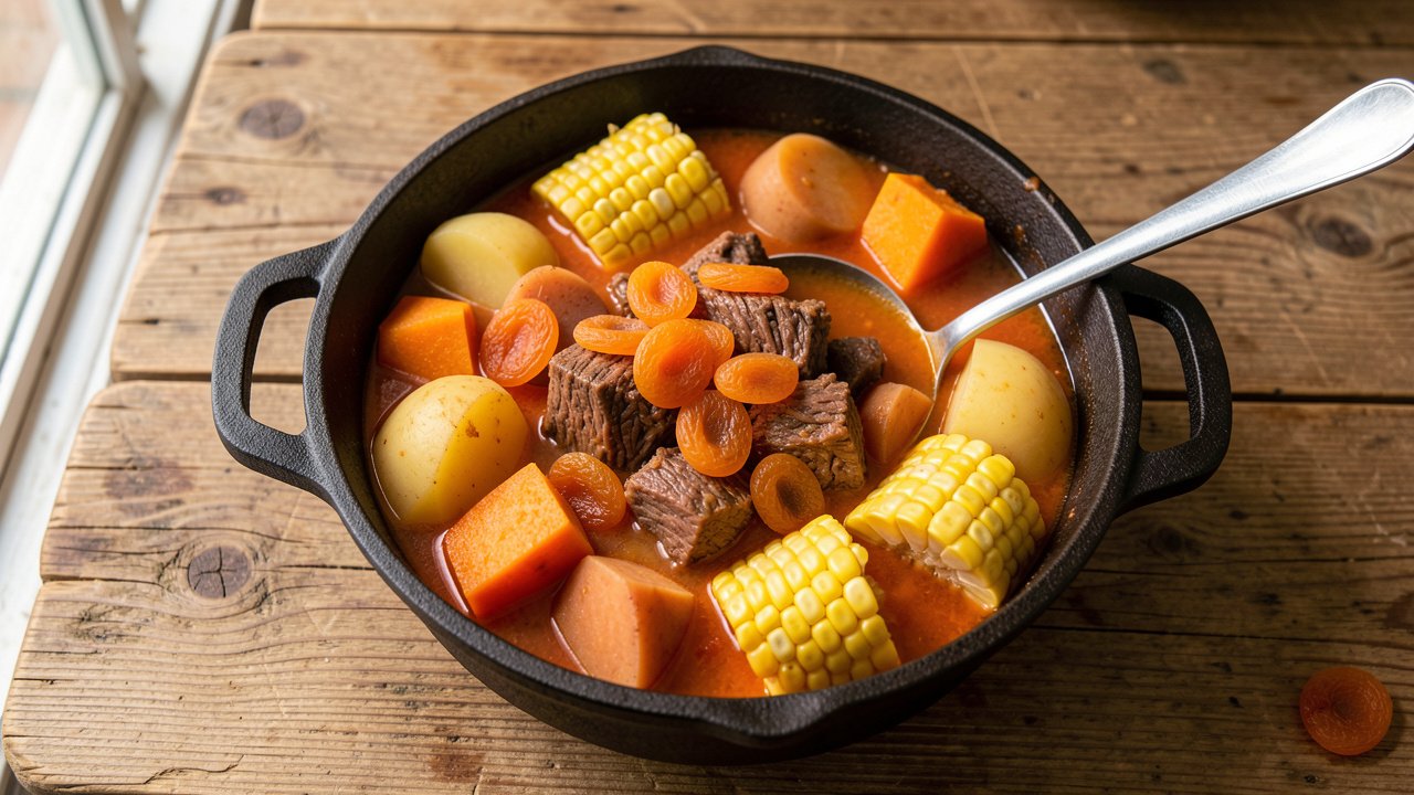 A rustic pot of Argentine carbonada with beef, squash, corn and potato in tomato broth