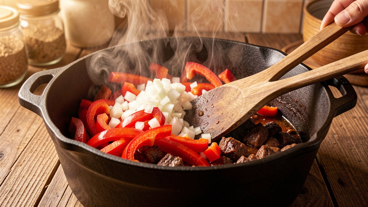 Onion and bell pepper softening in the pot with browned bits