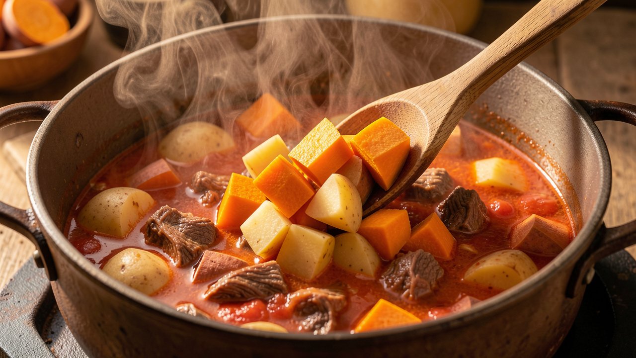 Squash, potato and sweet potato added to the simmering beef broth