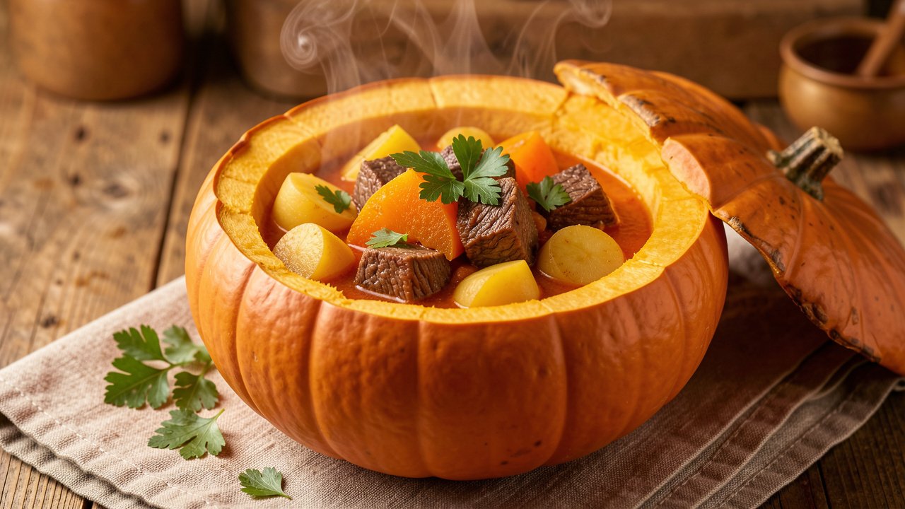 Carbonada served inside a baked pumpkin, garnished with parsley