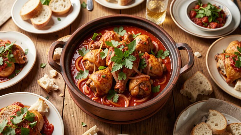 A pot of Georgian chakhokhbili, bone-in chicken in a red tomato and onion sauce topped with fresh herbs, served with bread