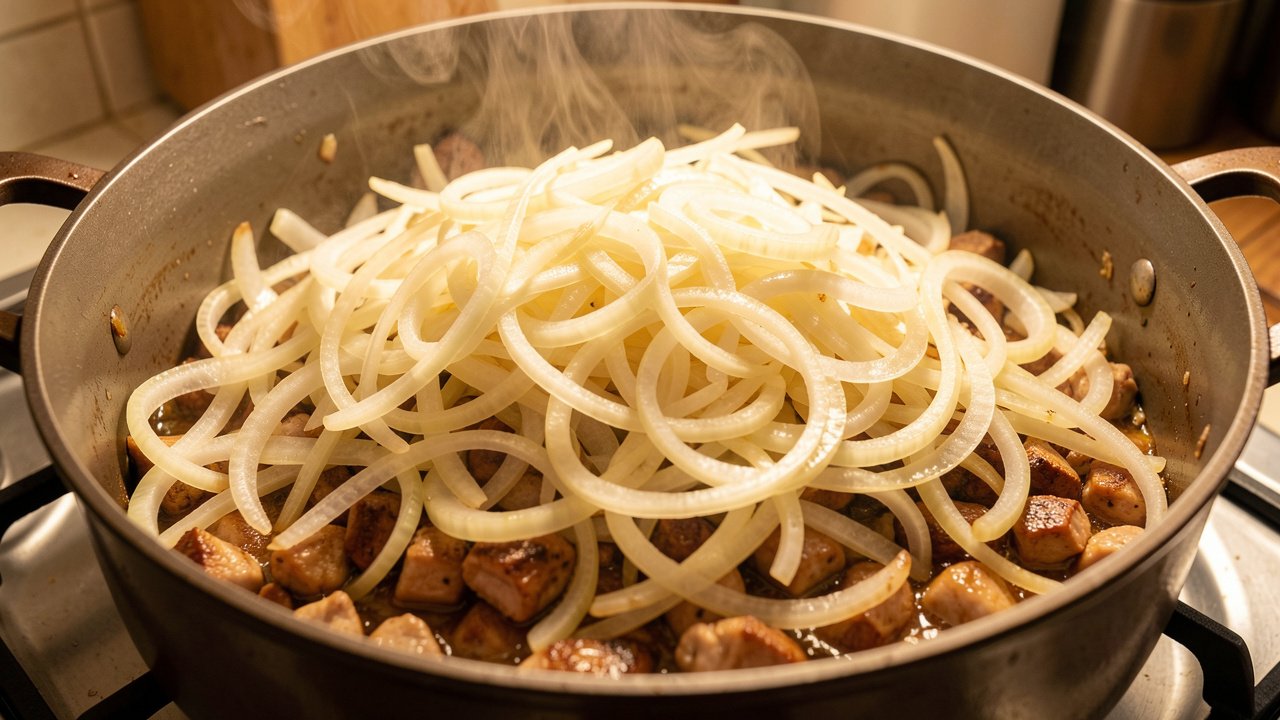 A large amount of sliced onions softening in a heavy pot
