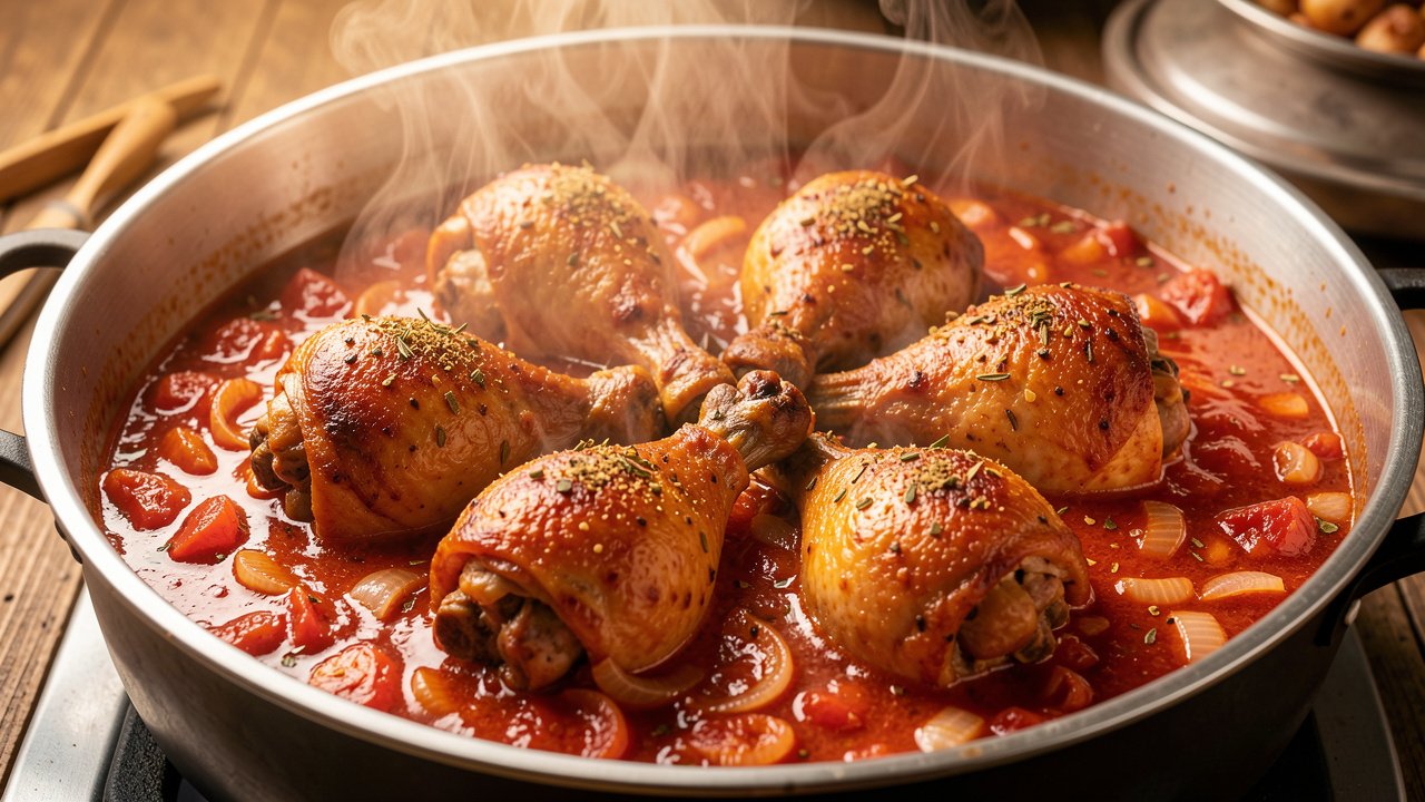 Bone-in chicken braising in a red tomato and onion sauce