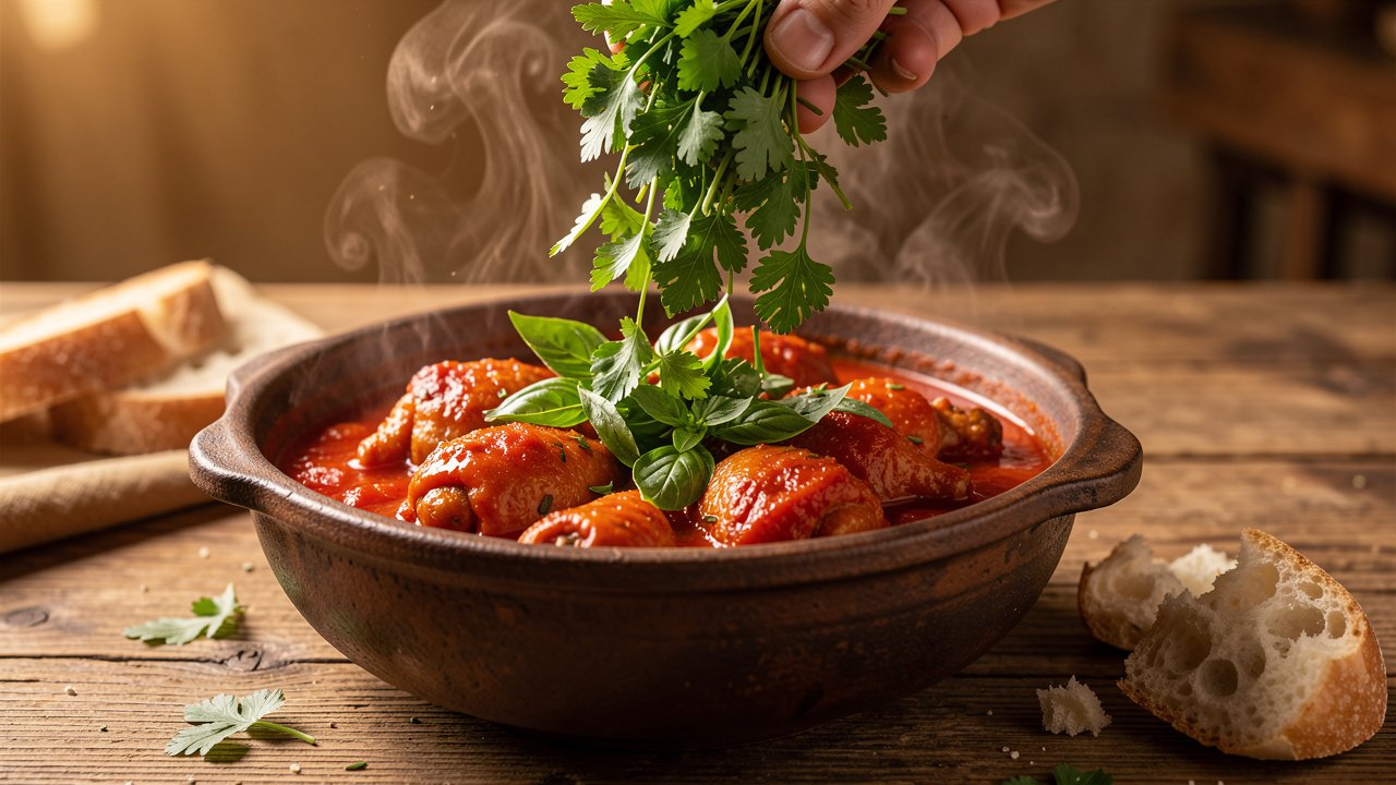 Finished chakhokhbili showered with a large handful of fresh herbs