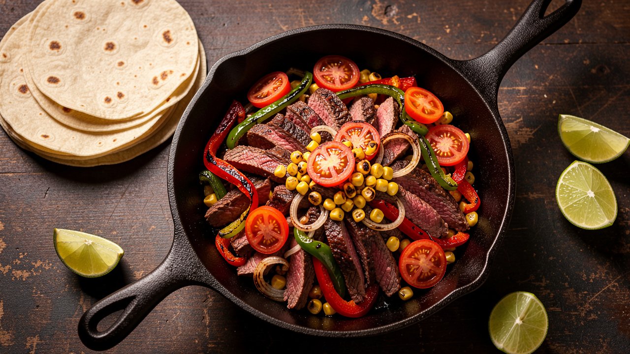 Sizzling skillet of sliced steak fajitas with charred corn, peppers, onions, and raw heirloom tomatoes
