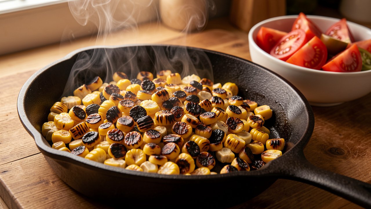 Corn kernels charring and blistering in a dry hot cast iron skillet