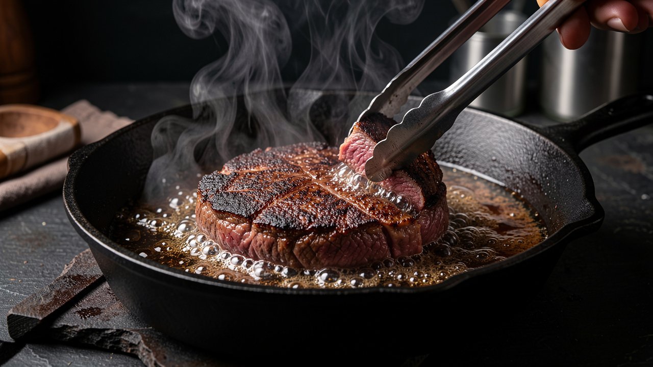 Skirt steak searing to a dark brown crust in a smoking hot cast iron skillet