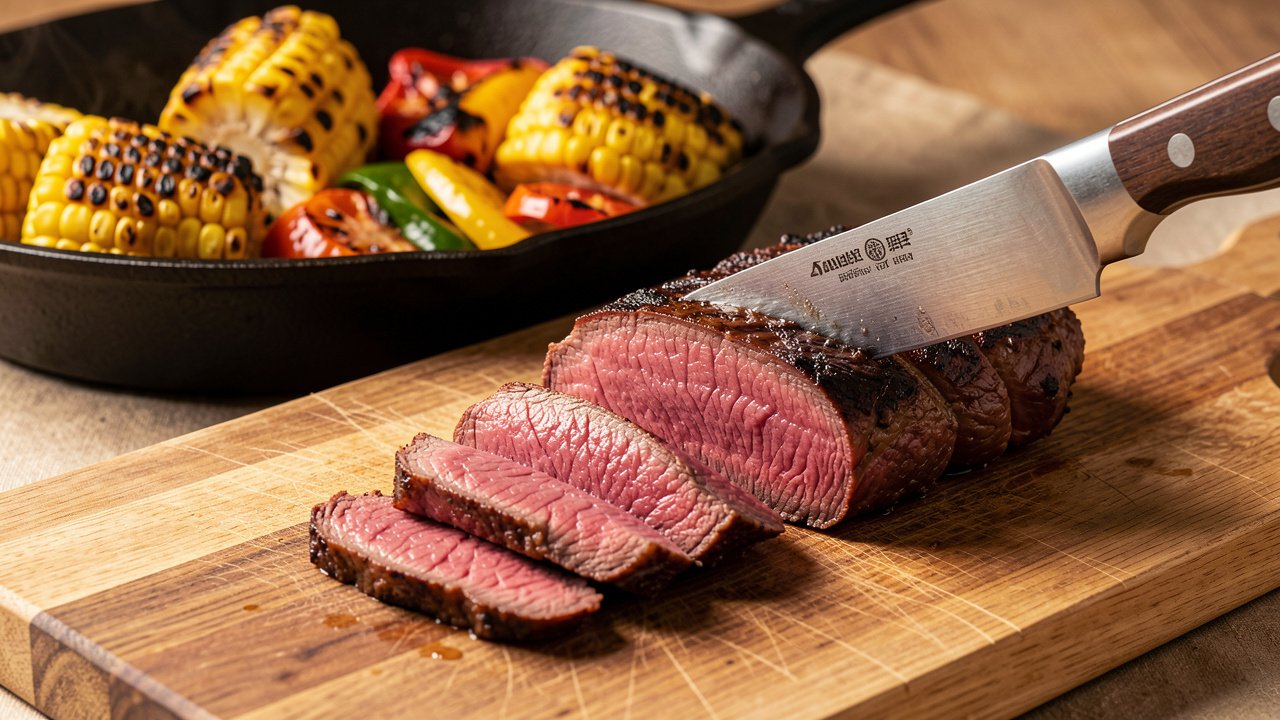 Knife slicing rested skirt steak thinly across the grain to show the pink medium-rare center