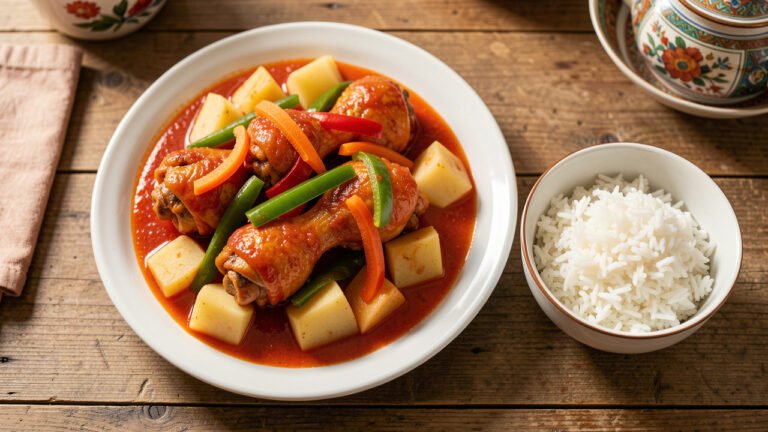 A pot of Filipino chicken afritada with potatoes, carrots, and bell peppers in tomato sauce, served with rice