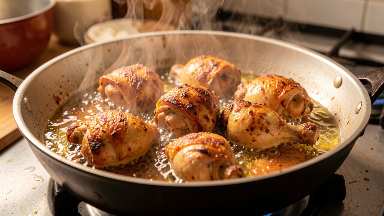 Bone-in chicken pieces browning in a wide pot