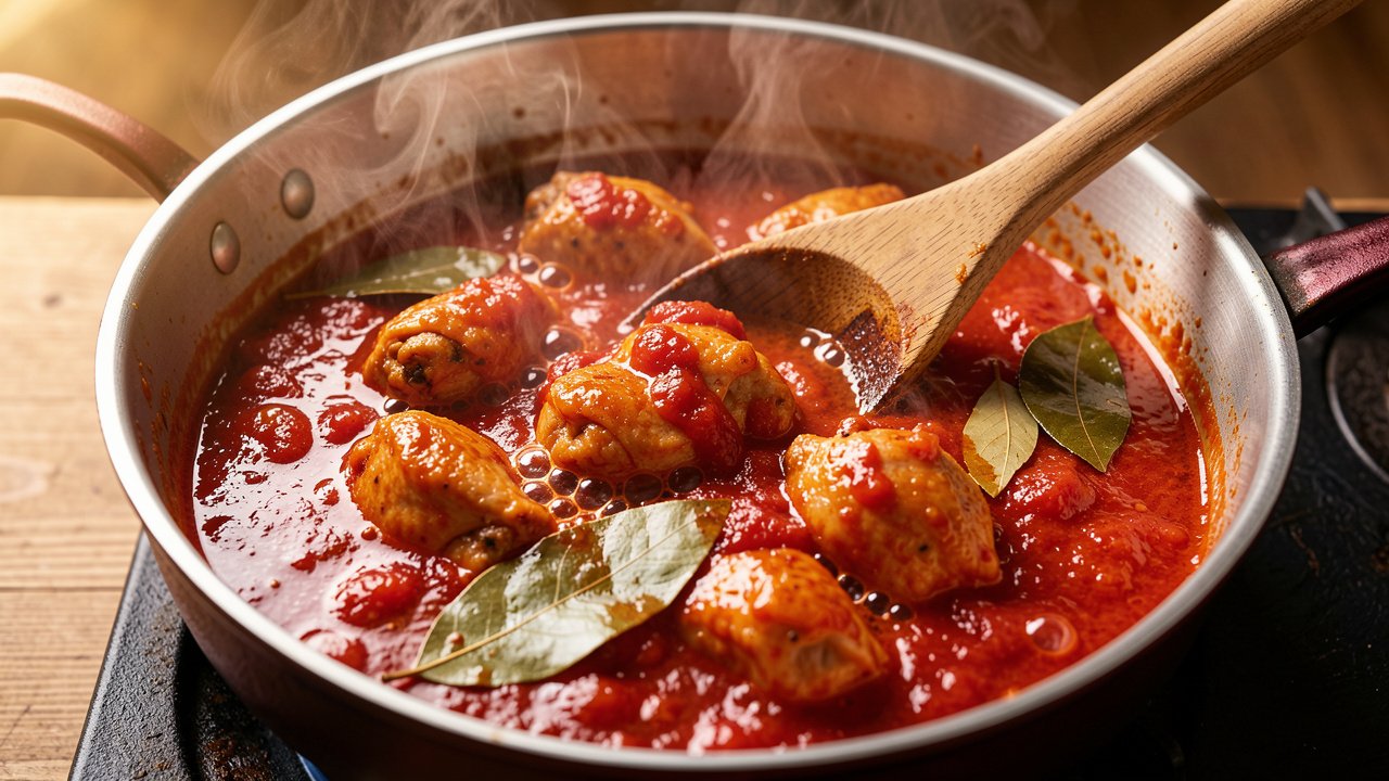 Chicken simmering in tomato sauce with bay leaves in a pot