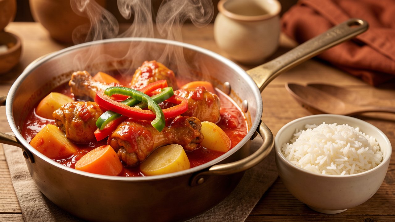 Finished chicken afritada with bell peppers in glossy tomato sauce, served with rice