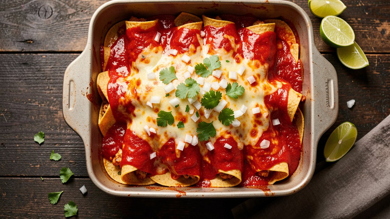 A baking dish of chicken enchiladas with red sauce topped with melted cheese and fresh cilantro