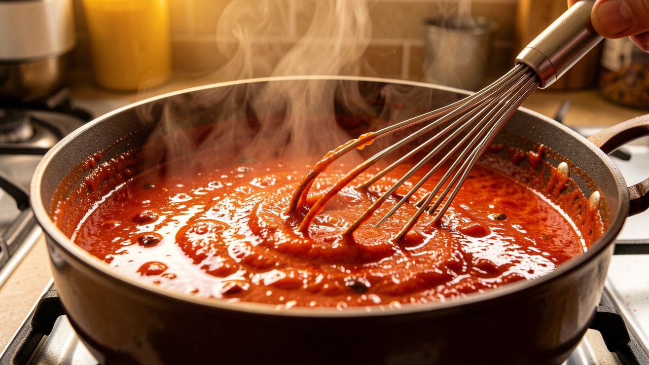 Homemade red enchilada sauce simmering and thickening in a saucepan