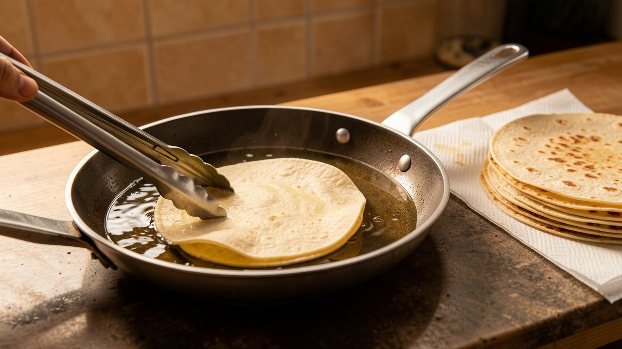 A corn tortilla being softened in warm oil so it does not crack when rolled